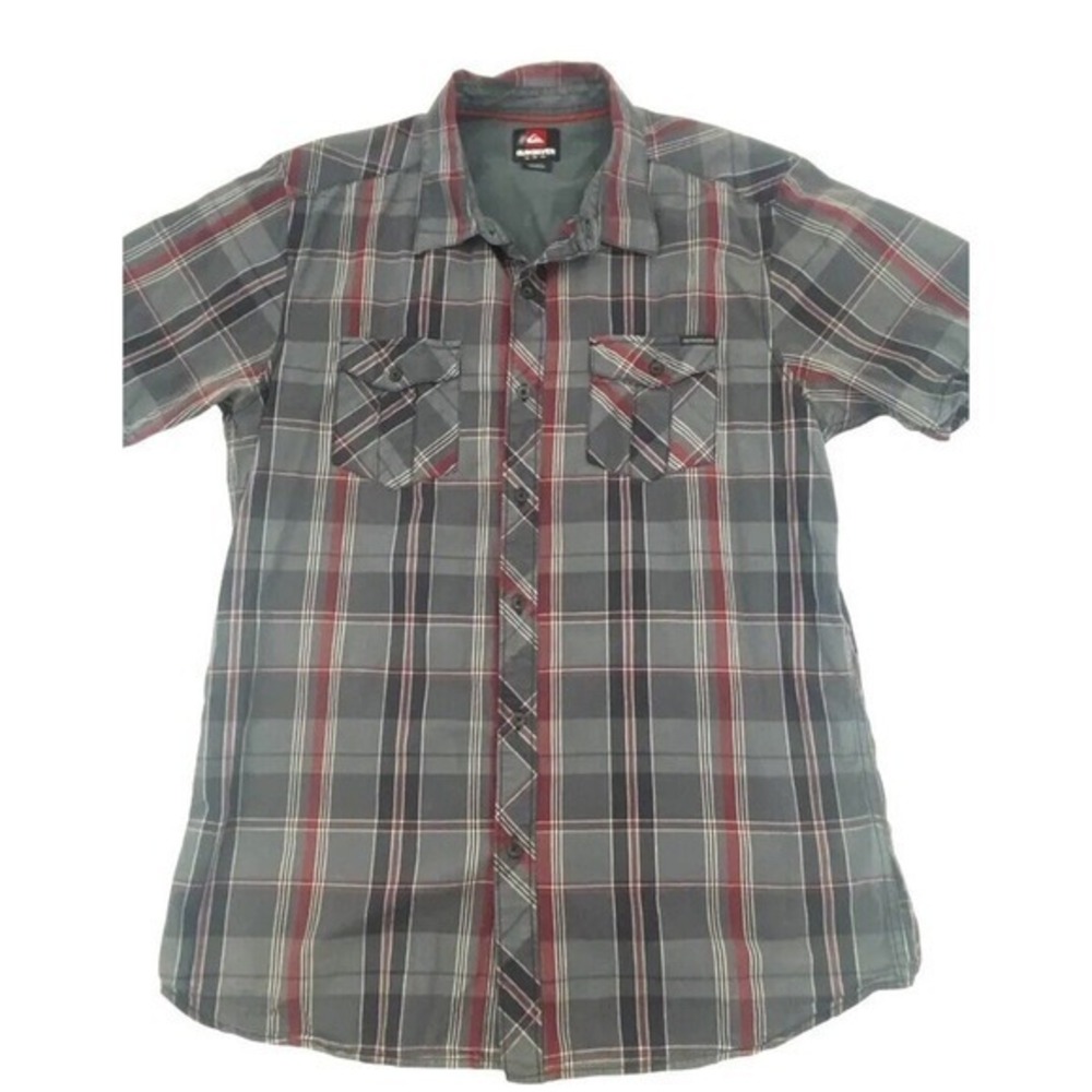 Quiksilver Short Sleeve Men’s Shirt Gray And Maroon Plaid 100% Cotton Size XL